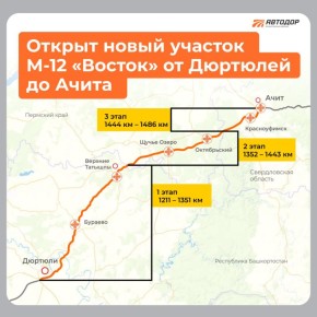 Президент России дал старт движению по новой скоростной дороге Дюртюли – Ачит, которая стала продолжением трассы М-12 «Восток» и частью транспортного коридора «Запад – Восток»