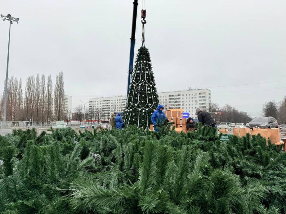 В Уфе приступили к монтажу 20-метровой искусственной ёлки перед Дворцом спорта