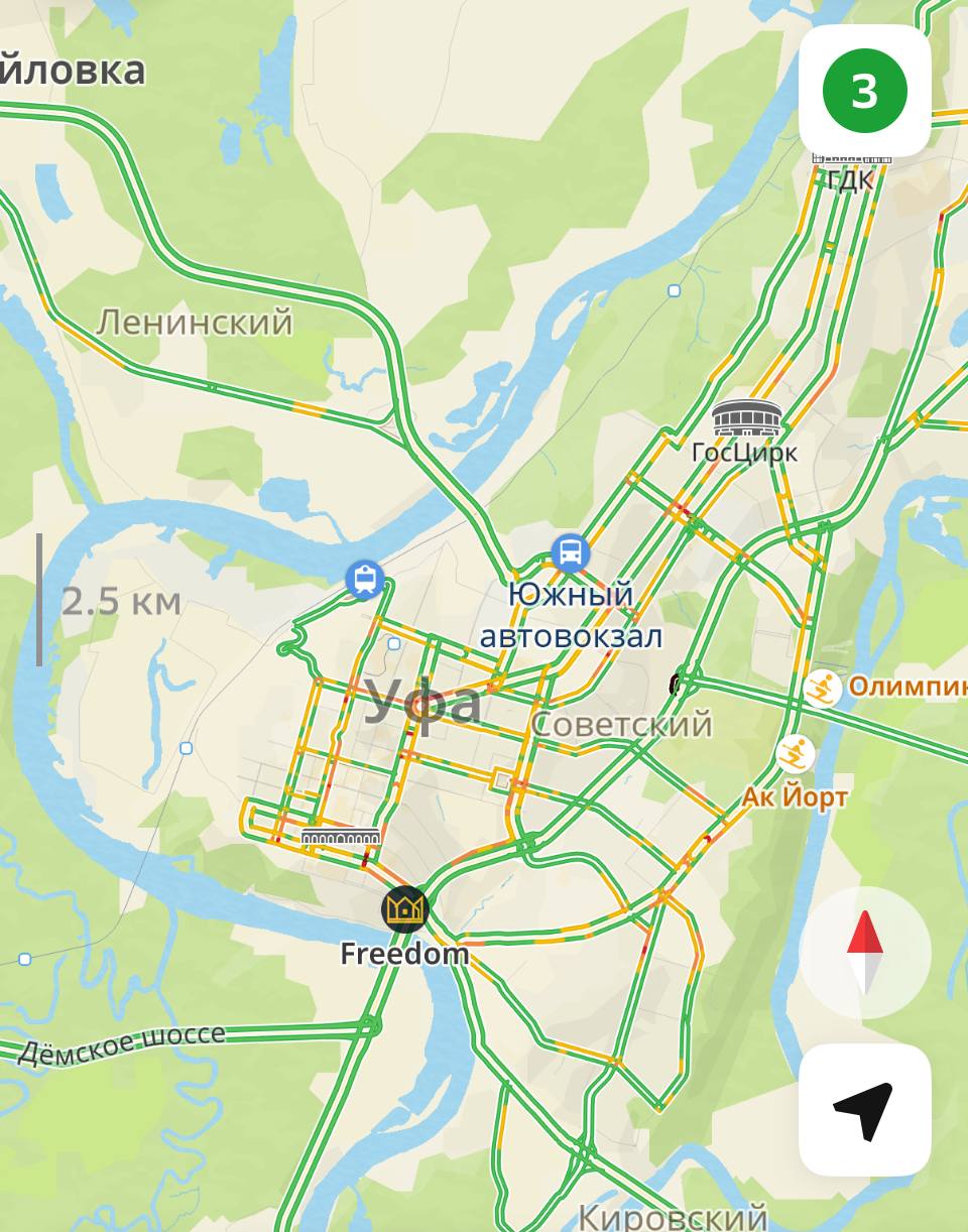 Пробки в Уфе - 3 балла! Местами движение затруднено