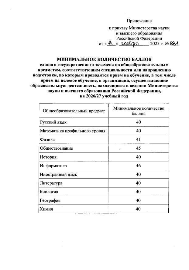 Утверждены минимальные баллы ЕГЭ для поступления в вузы в 2026 году