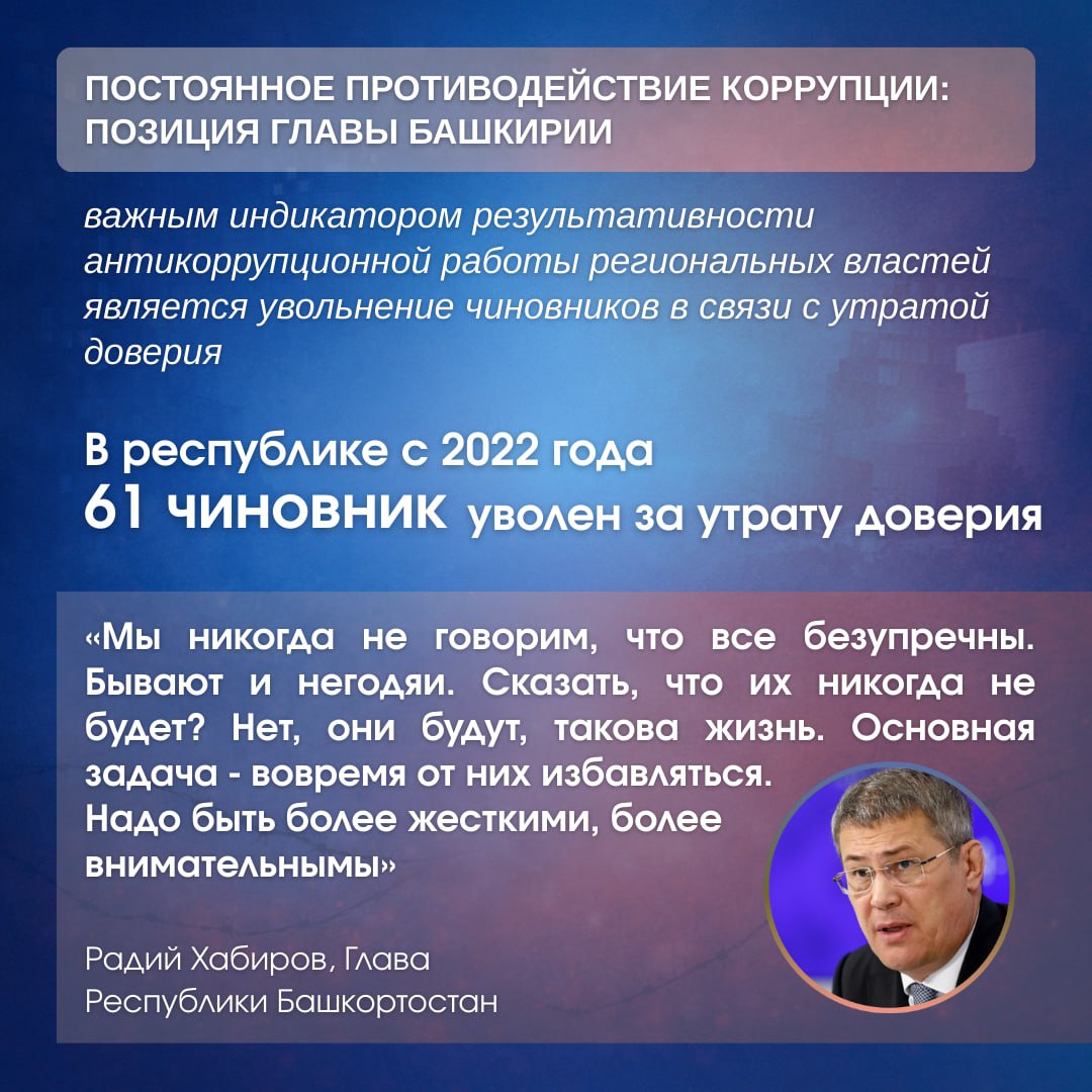 Как в Башкортостане выстроена системная борьба с коррупцией, почему высокая выявляемость говорит о жёстком контроле и какие кадровые решения принимаются на практике — читайте в наших карточках Как в Башкортостане выстроена системная борьба с коррупцией, почему высокая выявляемость говорит о жёстком контроле и какие кадровые решения принимаются на практике — читайте в наших карточках