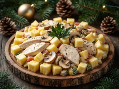 Необычный салат на Новый год: «Звездочет» с курицей, ананасами и копченым сыром